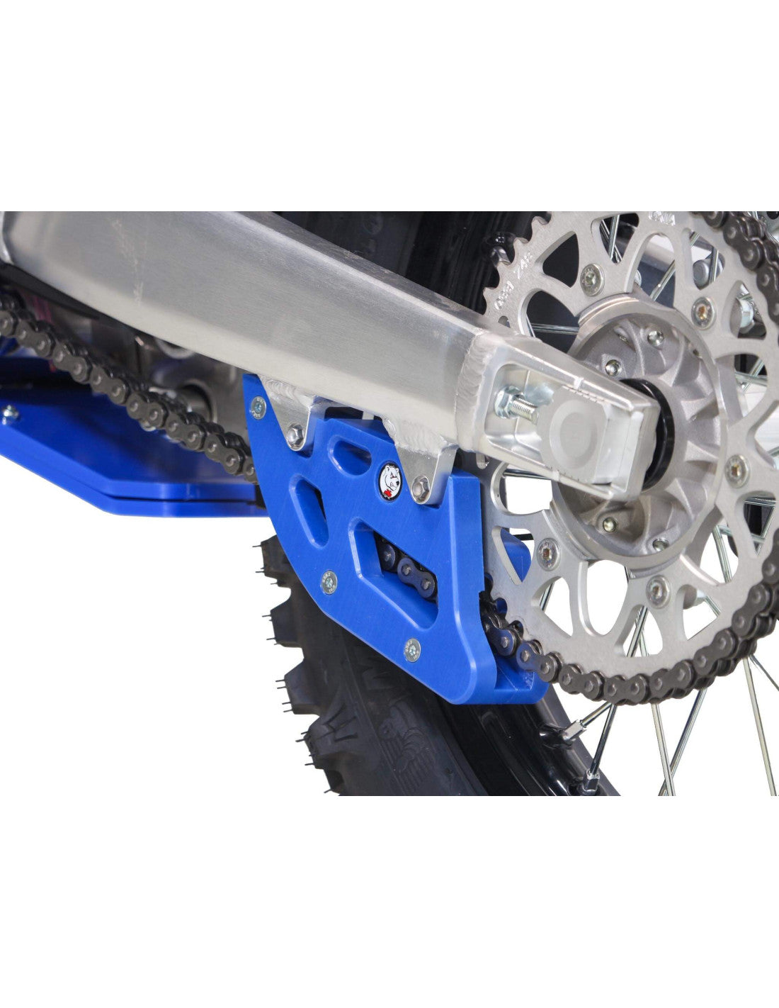 Rear view of the blue chain guide in UHMW plastic for Sherco 2T
