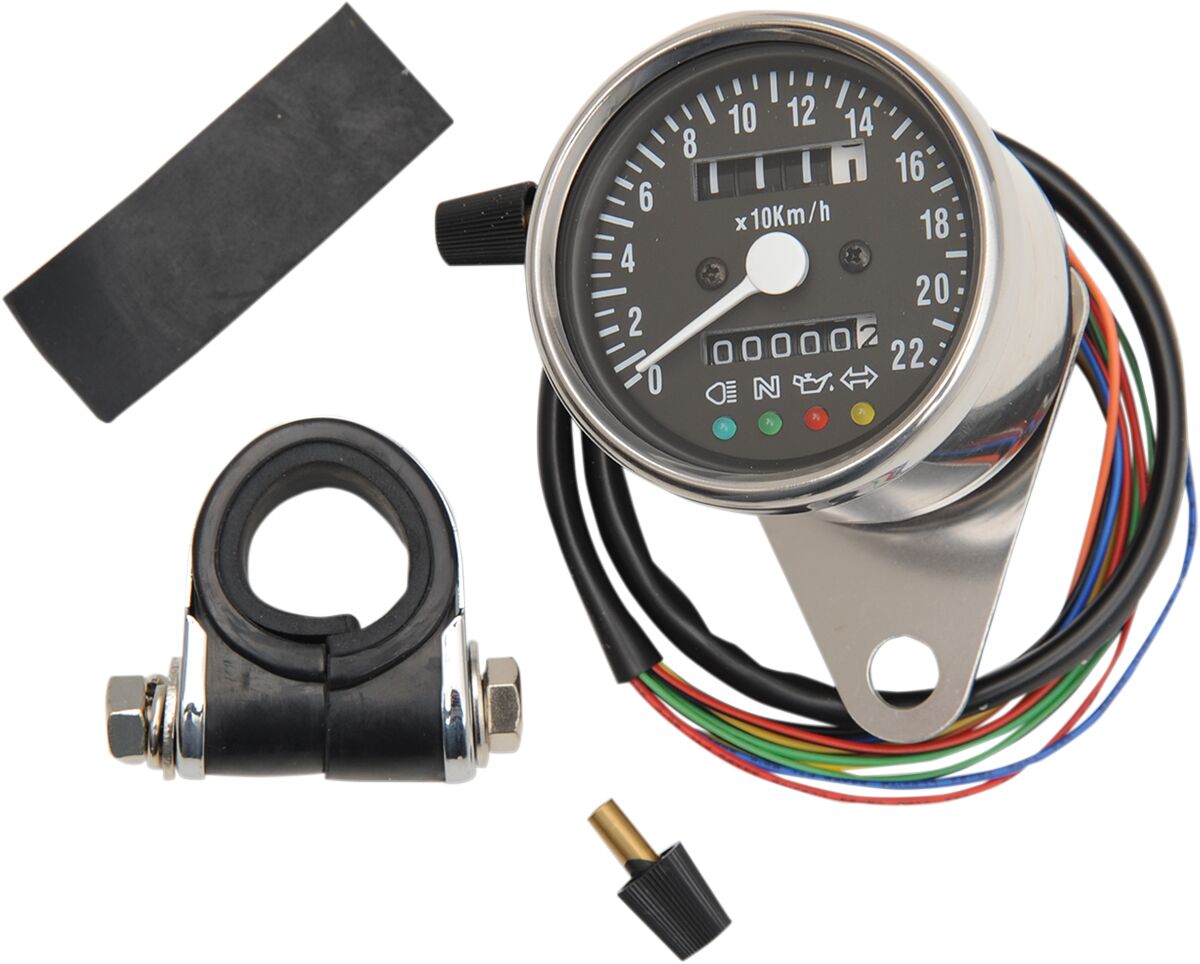 Drag Specialties 2.4" MECHANICAL SPEEDOMETER 1:1 KM/H WITH LED INDICATORS CHROME BLACK FACE 21-6818LEDPB