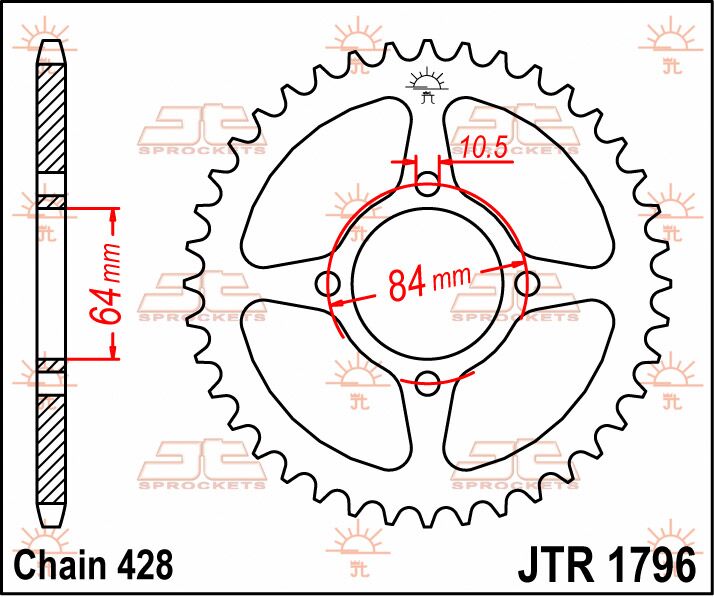 JT SPROCKETS JTR1796.51 REAR REPLACEMENT SPROCKET 51 TEETH 428 PITCH NATURAL STEEL JTR1796.51