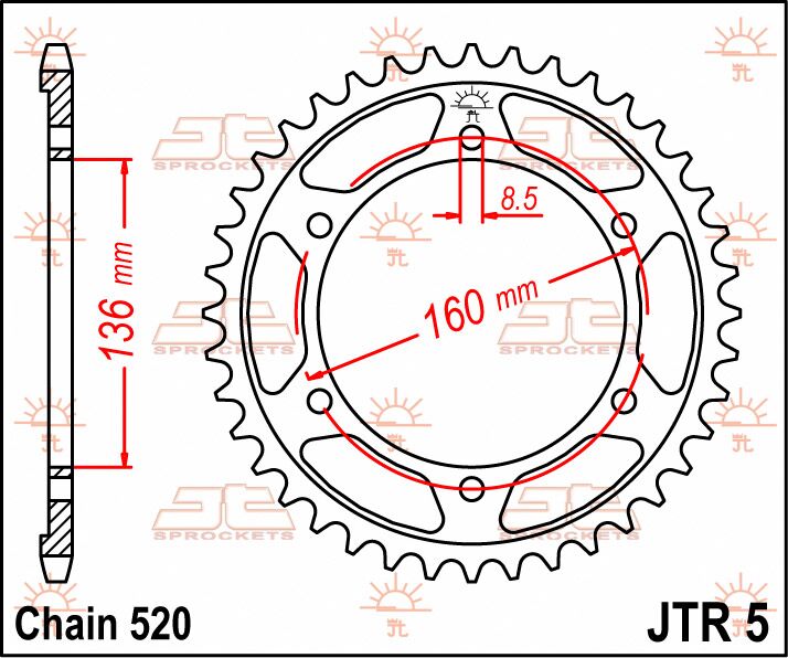 JT SPROCKETS JTR5.45 REAR REPLACEMENT SPROCKET 45 TEETH 520 PITCH NATURAL STEEL JTR5.45