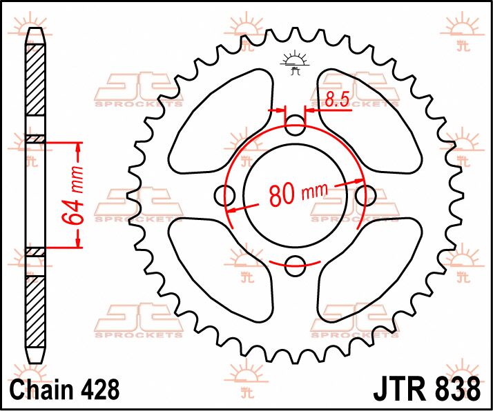 JT SPROCKETS JTR838.45 REAR REPLACEMENT SPROCKET 45 TEETH 428 PITCH NATURAL STEEL JTR838.45