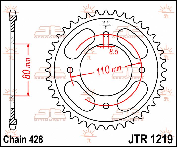 JT SPROCKETS JTR1219.42 REAR REPLACEMENT SPROCKET 42 TEETH 428 PITCH NATURAL C49 HIGH CARBON STEEL JTR1219.42