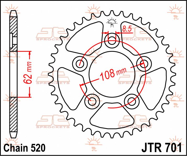 JT SPROCKETS JTR701.42 REAR REPLACEMENT SPROCKET 42 TEETH 520 PITCH NATURAL C49 HIGH CARBON STEEL JTR701.42