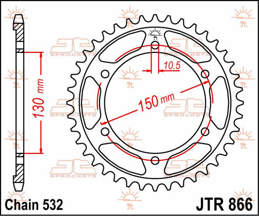 JT SPROCKETS JTR866.43 REAR REPLACEMENT SPROCKET 43 TEETH 532 PITCH NATURAL C49 HIGH CARBON STEEL JTR866.43