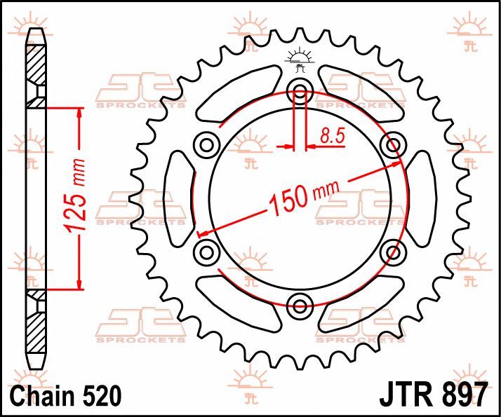 JT SPROCKETS JTR897.53 REAR REPLACEMENT SPROCKET 53 TEETH 520 PITCH BLACK C49 HIGH CARBON STEEL JTR897.53