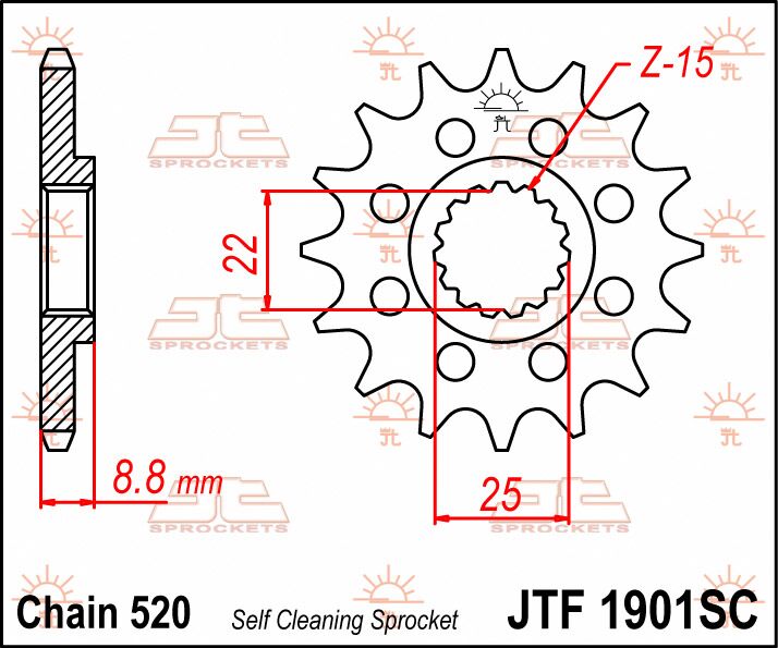 JT SPROCKETS JTF1901.15SC FRONT SELF CLEANING SPROCKET 15 TEETH 520 PITCH NATURAL CHROMOLY STEEL ALLOY JTF1901.15SC