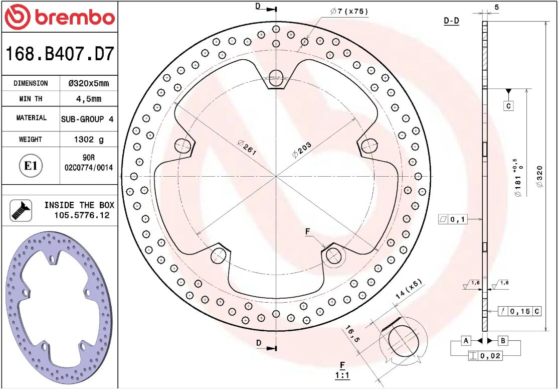 BREMBO BRAKE ROTOR FIXED SERIE ORO 168B407D7