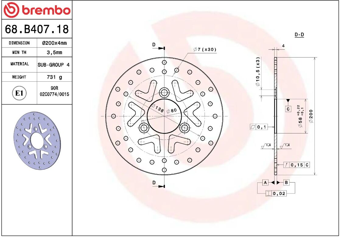 BREMBO BRAKE ROTOR FIXED SERIE ORO 68B40718