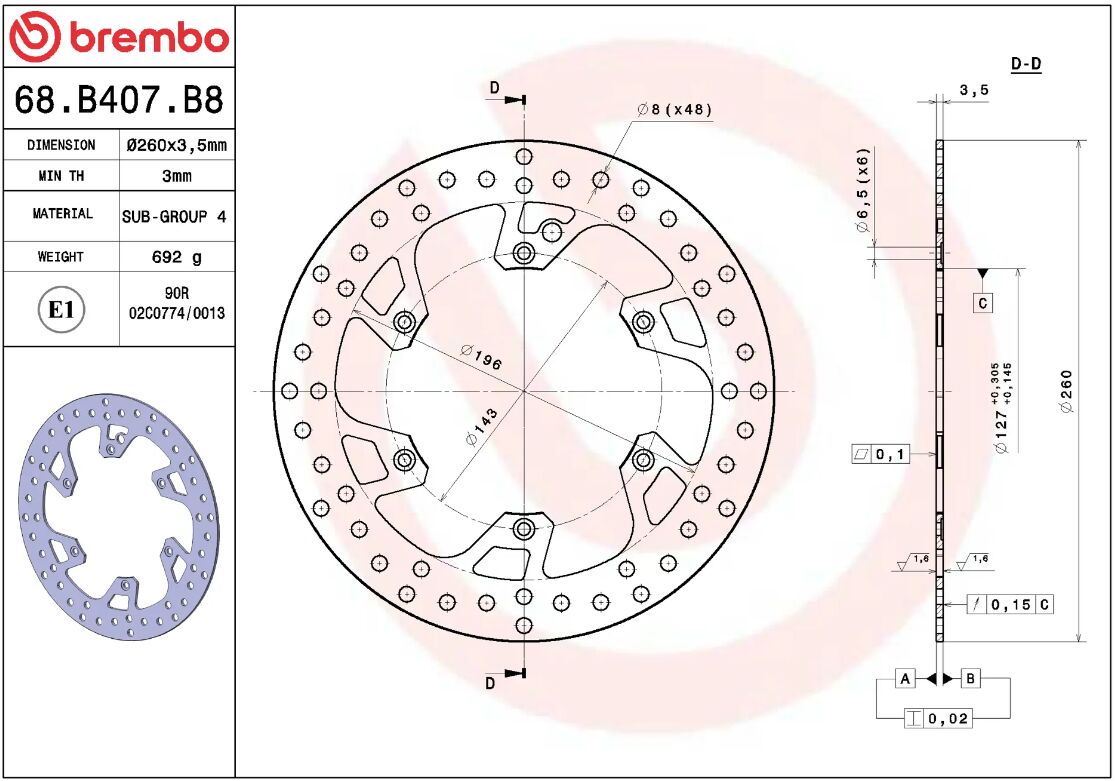 BREMBO BRAKE ROTOR FIXED SERIE ORO 68B407B8