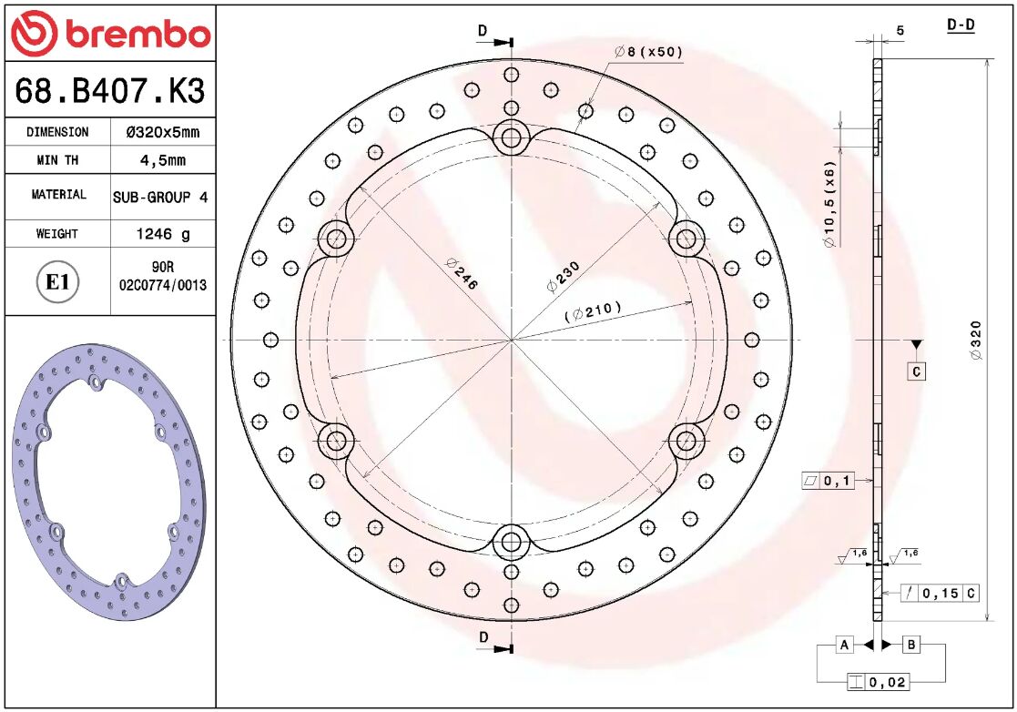 BREMBO BRAKE ROTOR FIXED SERIE ORO 68B407K3