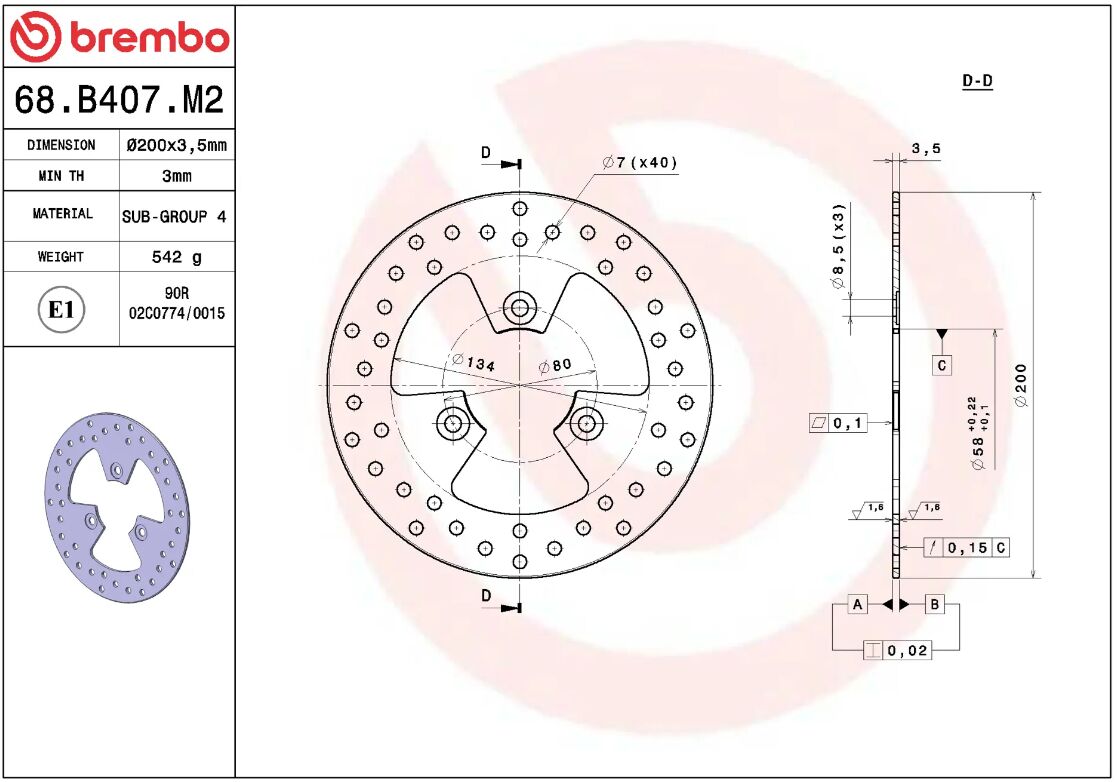BREMBO BRAKE ROTOR FIXED SERIE ORO 68B407M2