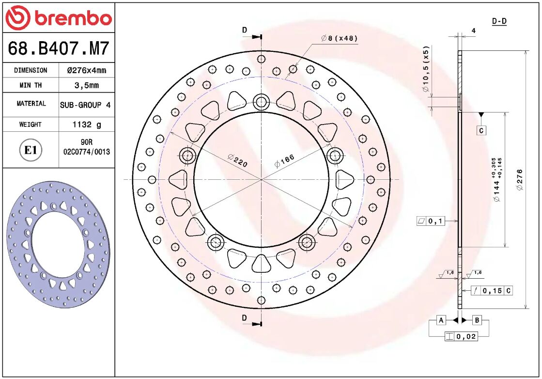 BREMBO BRAKE ROTOR FIXED SERIE ORO 68B407M7