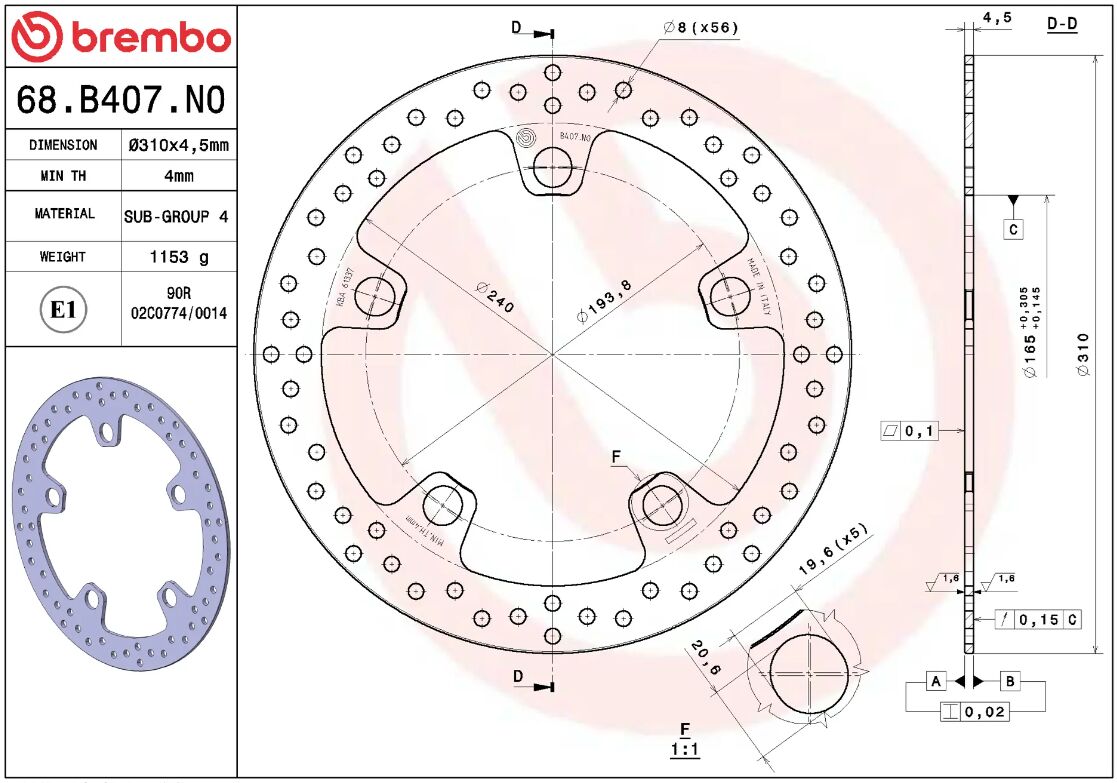 BREMBO BRAKE ROTOR FIXED SERIE ORO 68B407N0