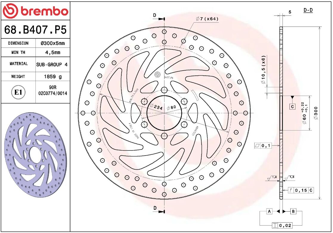 BREMBO BRAKE ROTOR FIXED SERIE ORO 68B407P5