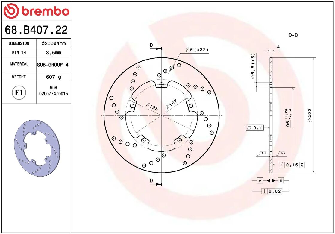 BREMBO BRAKE ROTOR FIXED SERIE ORO 68B40722