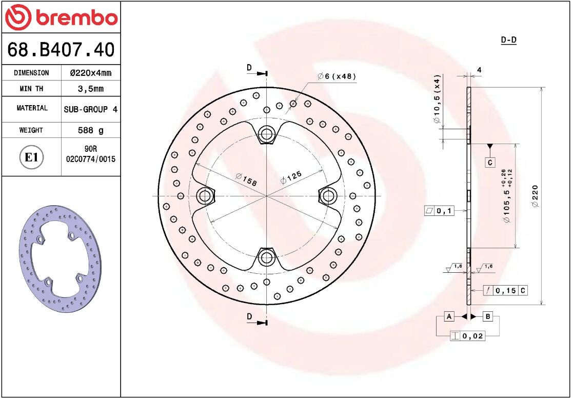 BREMBO BRAKE ROTOR FIXED SERIE ORO 68B40740