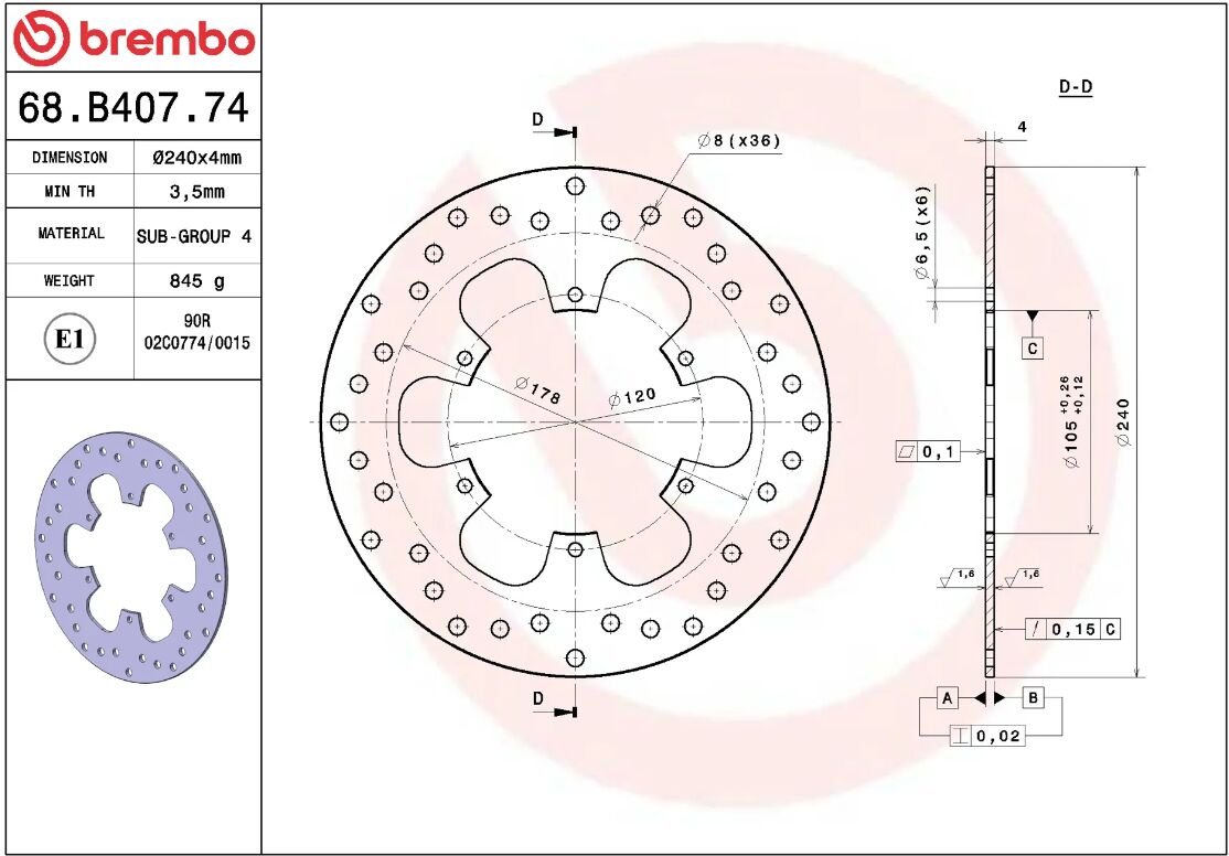 BREMBO BRAKE ROTOR FIXED SERIE ORO 68B40774
