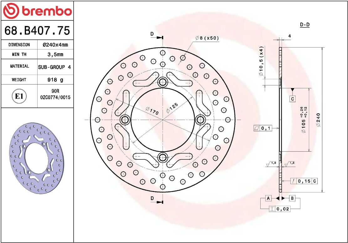 BREMBO BRAKE ROTOR FIXED SERIE ORO 68B40775