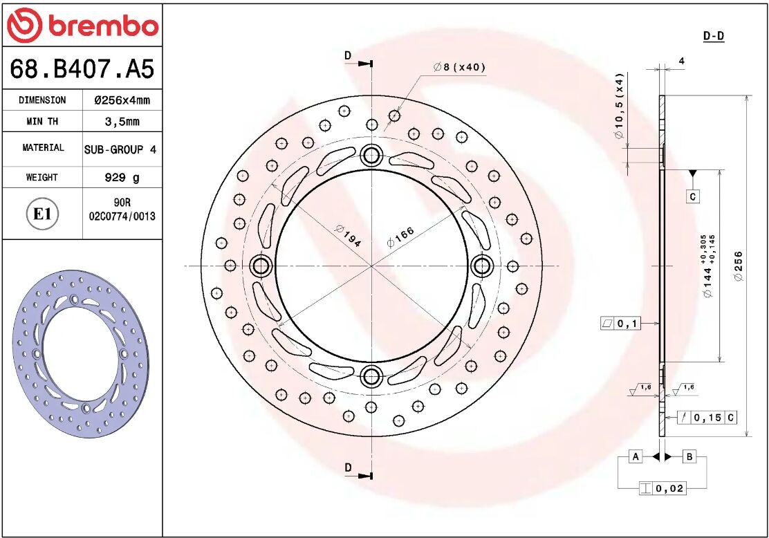 BREMBO BRAKE ROTOR FIXED SERIE ORO 68B407A5