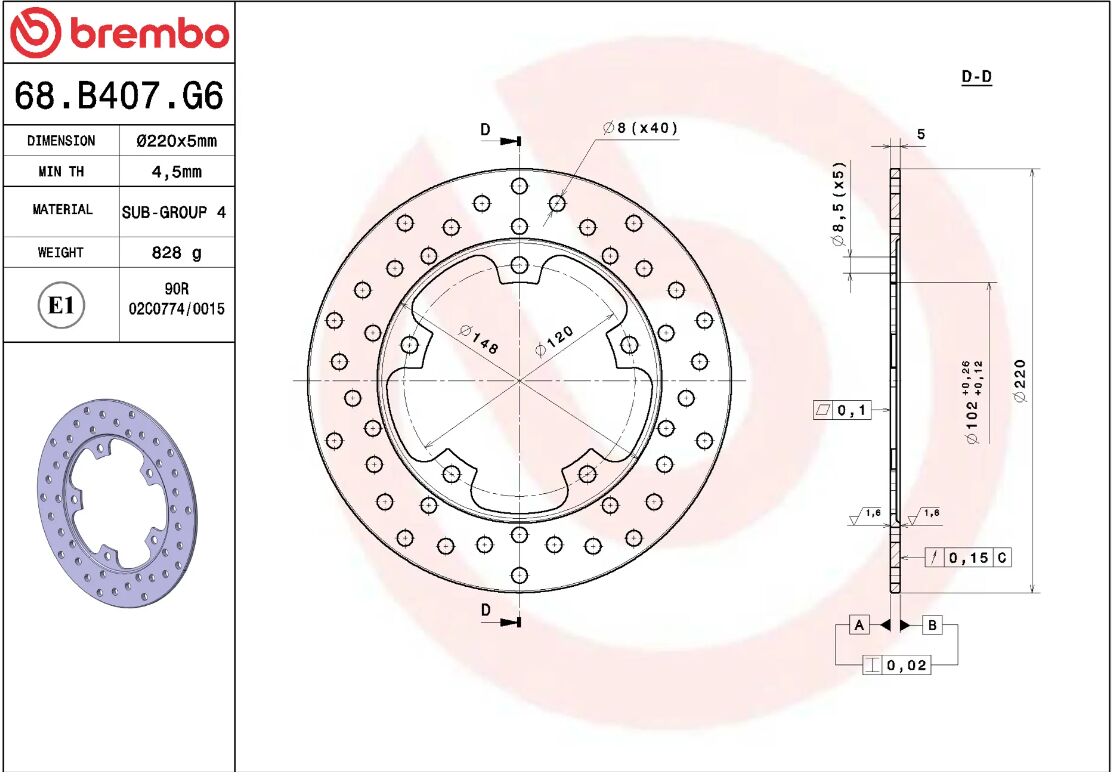 BREMBO BRAKE ROTOR FIXED SERIE ORO 68B407G6