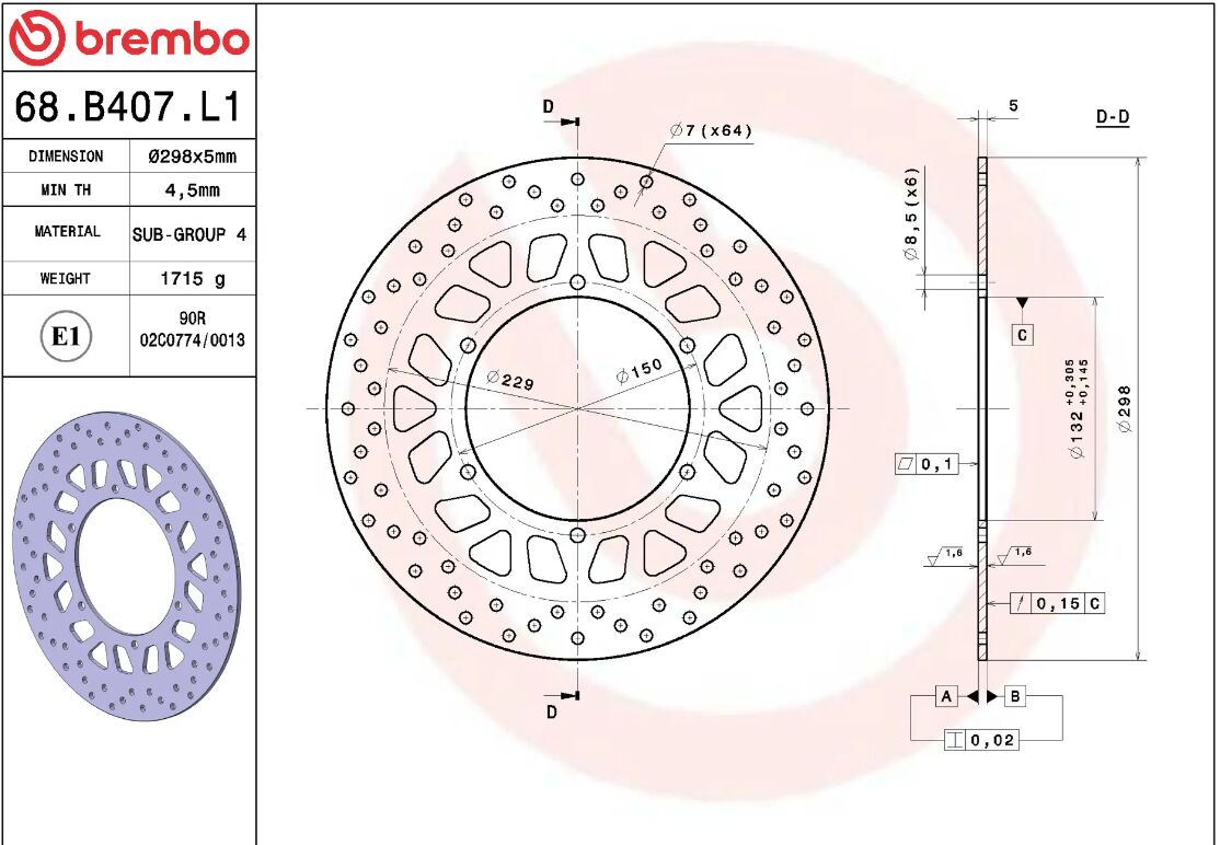 BREMBO BRAKE ROTOR FIXED SERIE ORO 68B407L1