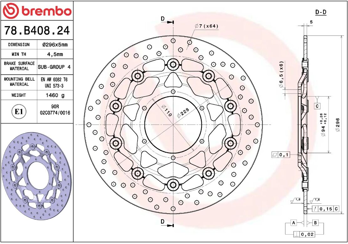 BREMBO BRAKE ROTOR FLOATING SERIE ORO 78B40824