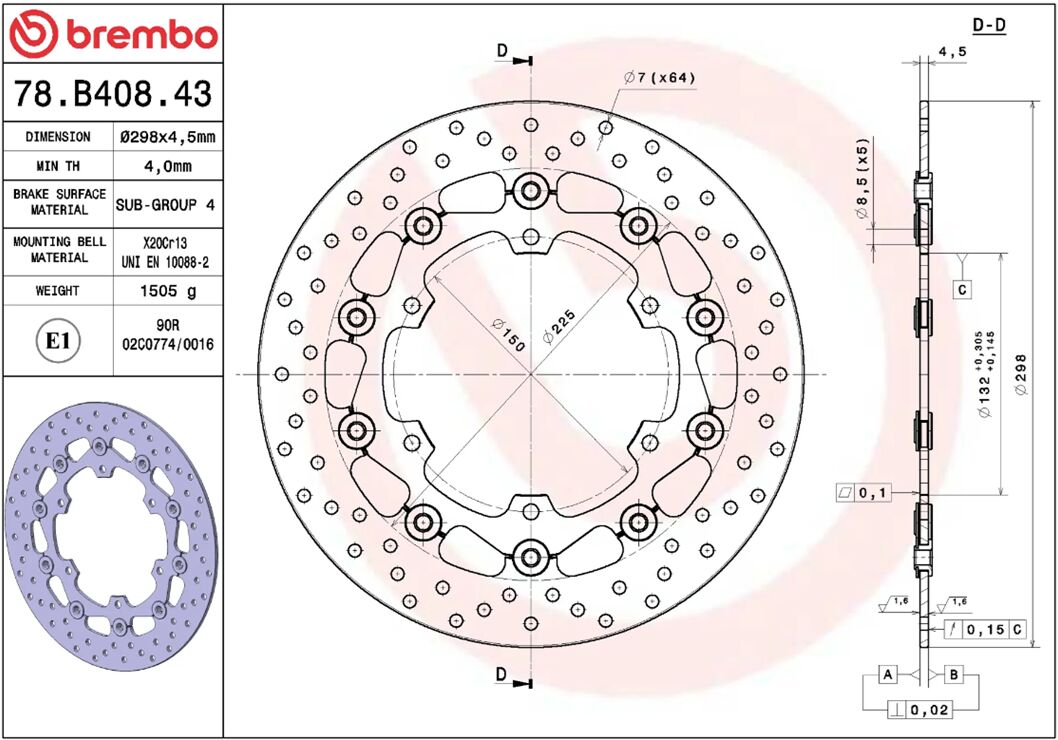 BREMBO BRAKE ROTOR FLOATING SERIE ORO 78B40843
