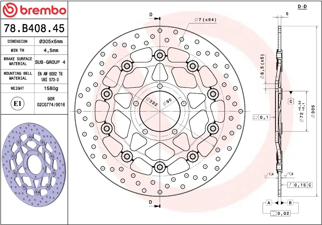 BREMBO BRAKE ROTOR FLOATING SERIE ORO 78B40845
