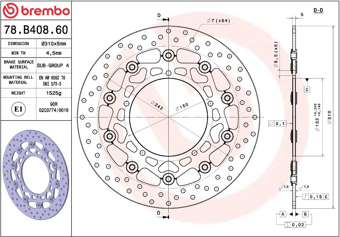 BREMBO BRAKE ROTOR FLOATING SERIE ORO 78B40860