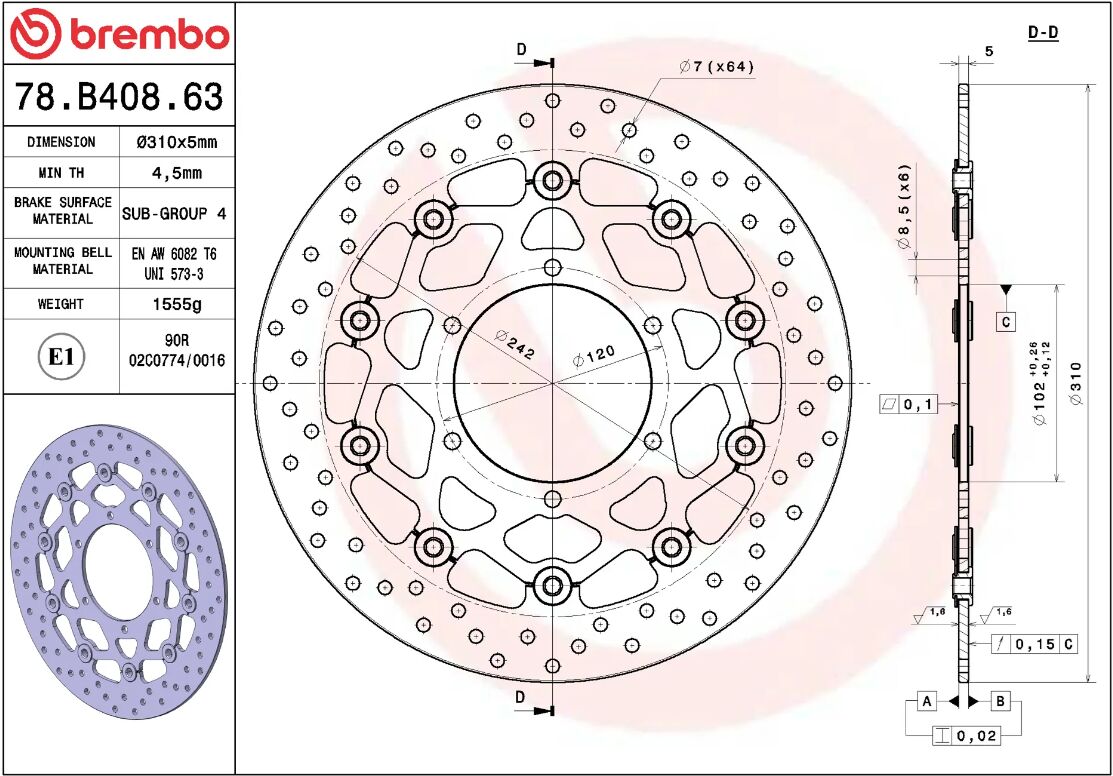 BREMBO BRAKE ROTOR FLOATING SERIE ORO 78B40863