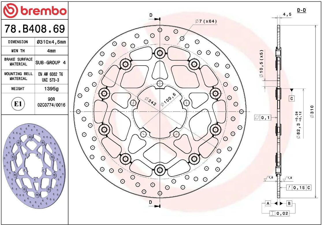 BREMBO BRAKE ROTOR FLOATING SERIE ORO 78B40869