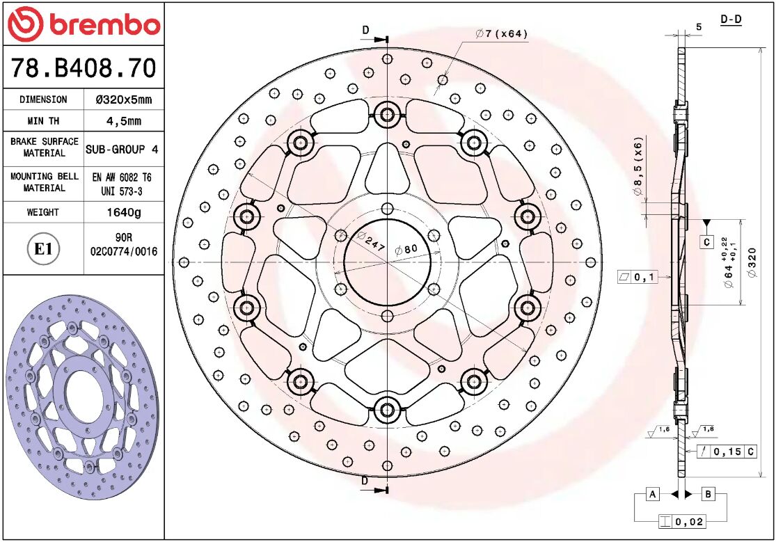 BREMBO BRAKE ROTOR FLOATING SERIE ORO 78B40870