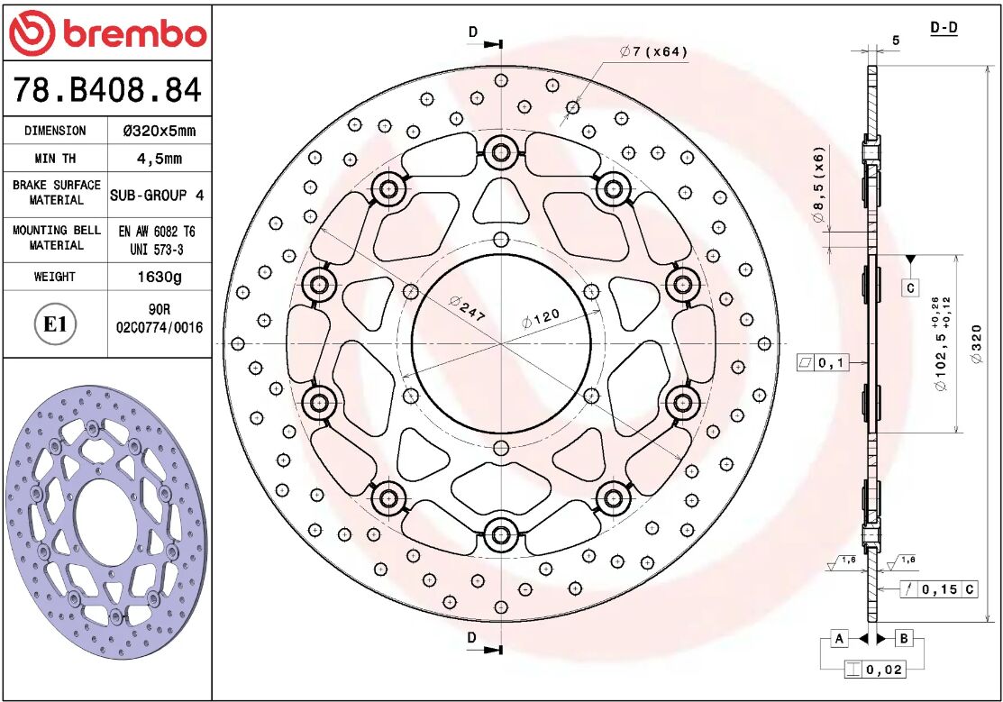 BREMBO BRAKE ROTOR FLOATING SERIE ORO 78B40884