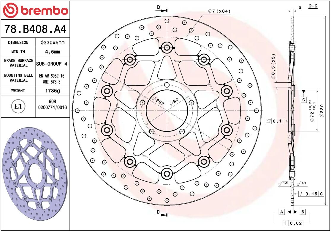BREMBO BRAKE ROTOR FLOATING SERIE ORO 78B408A4