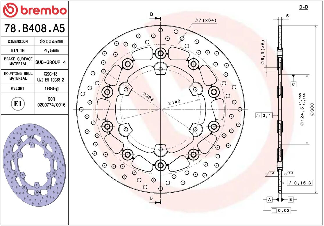 BREMBO BRAKE ROTOR FLOATING SERIE ORO 78B408A5