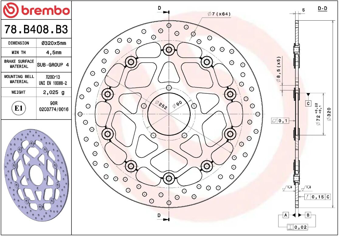 BREMBO BRAKE ROTOR FLOATING SERIE ORO 78B408B3