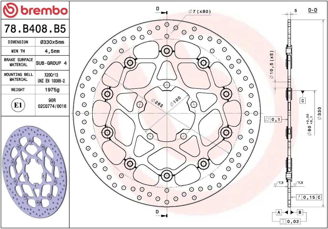BREMBO BRAKE ROTOR FLOATING SERIE ORO 78B408B5