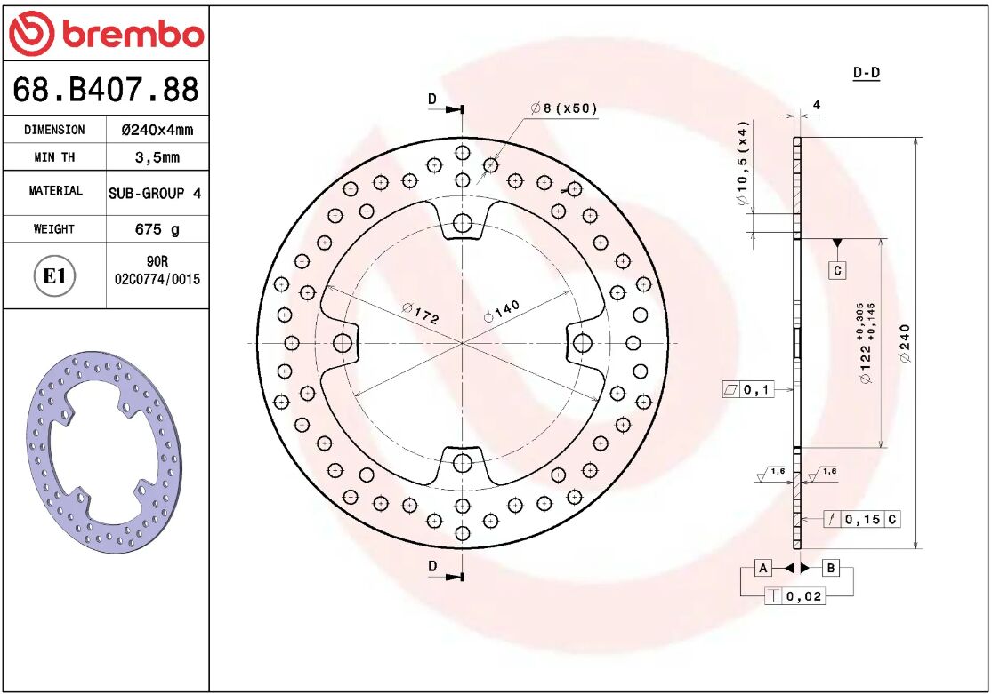 BREMBO BRAKE ROTOR FIXED SERIE ORO 68B40788