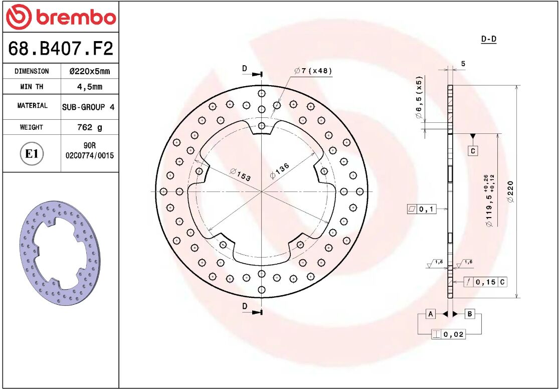 BREMBO BRAKE ROTOR FIXED SERIE ORO 68B407F2