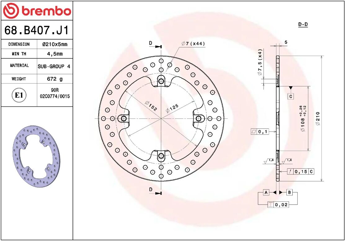 BREMBO BRAKE ROTOR FIXED SERIE ORO 68B407J1