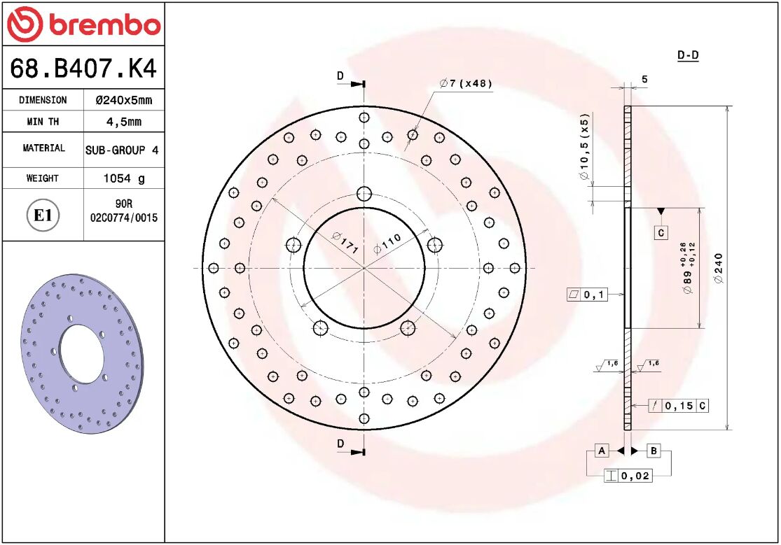 BREMBO BRAKE ROTOR FIXED SERIE ORO 68B407K4