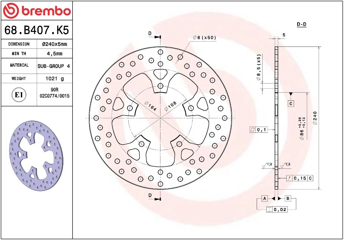 BREMBO BRAKE ROTOR FIXED SERIE ORO 68B407K5