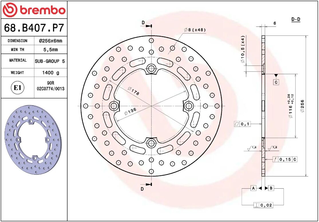 BREMBO BRAKE ROTOR FIXED SERIE ORO 68B407P7