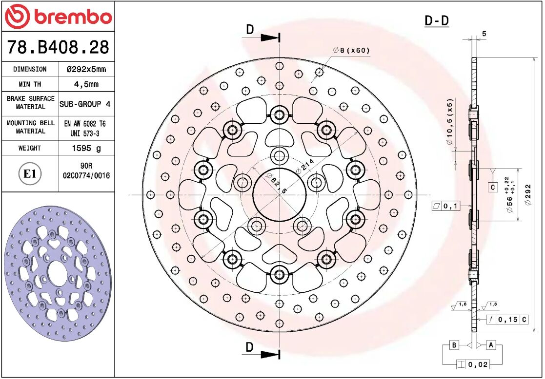 BREMBO BRAKE ROTOR FIXED SERIE ORO 78B40828