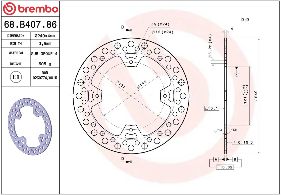BREMBO BRAKE ROTOR FIXED SERIE ORO 68B40786