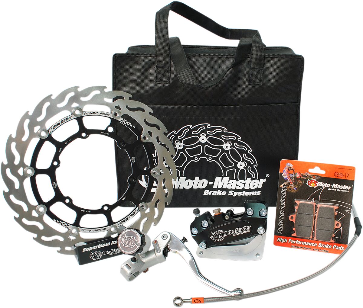 MOTO-MASTER SM RACE KIT: 300mm FLOATING FLAME, BRAKE PADS/LINE,4 PISTON CALIPER/BRACKET, RADIAL MASTER CYLINDER 313053