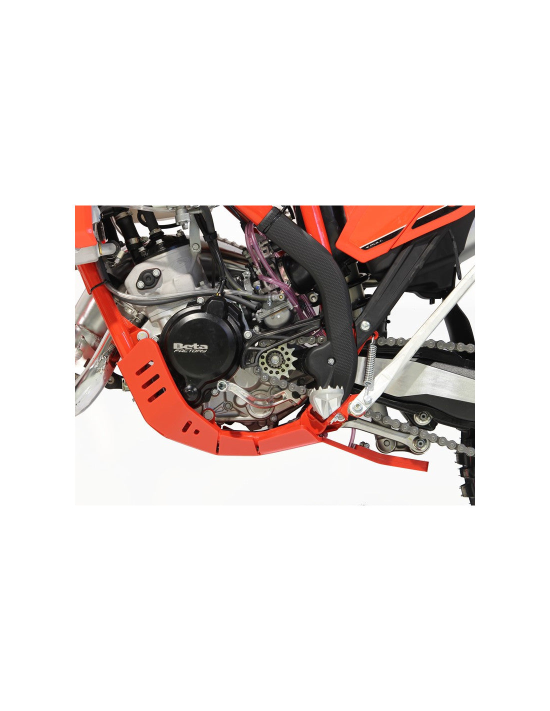 Left side of the red HDPE plastic skid plate with linkage guard for Beta 125RR - 200RR