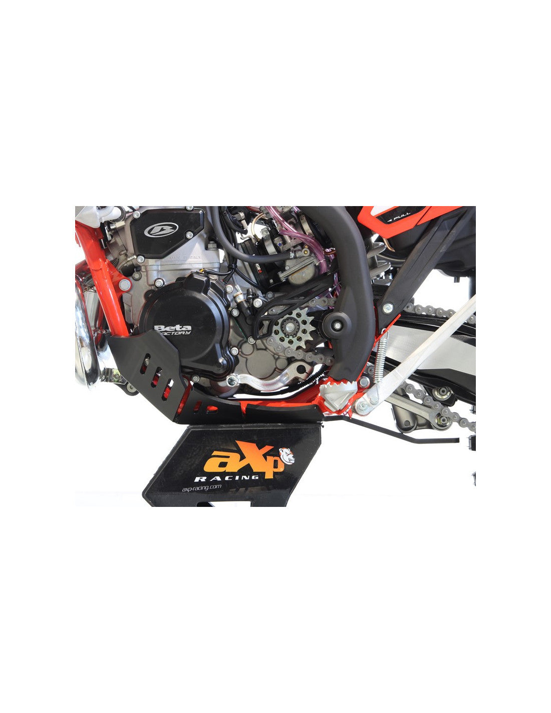 Left side of the black HDPE plastic skid plate with linkage guard for Beta 250 et 300Xtrainer
