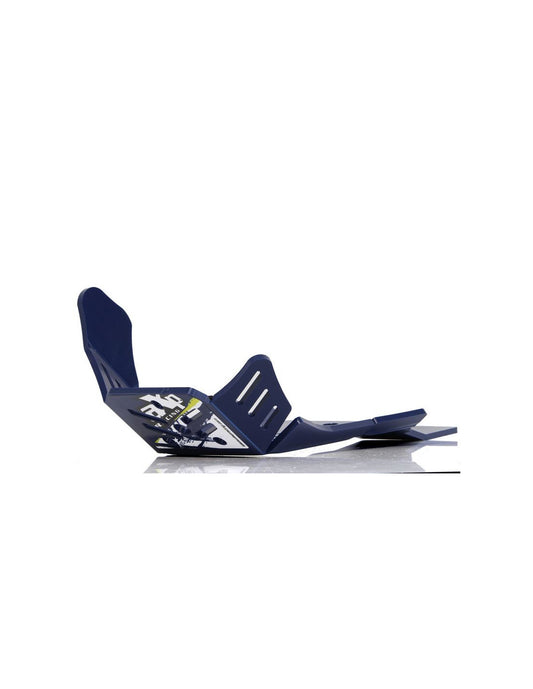 Left side of the blue HDPE plastic skid plate with linkage guard for Husqvarna FE450 - FE501