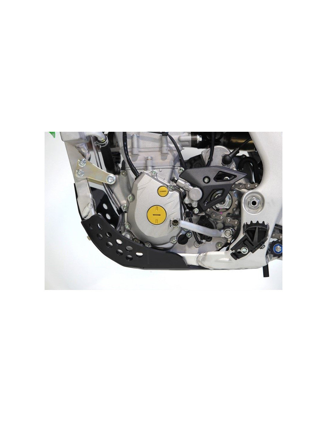 Left side of the 6mm black HDPE plastic skid plate for Kawasaki KX250